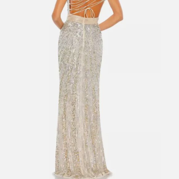 MAC DUGGAL ONE SHOULDER SEQUIN BEADED LACE-UP BACK NUDE SILVER GOWN sz 6 - Picture 7 of 8